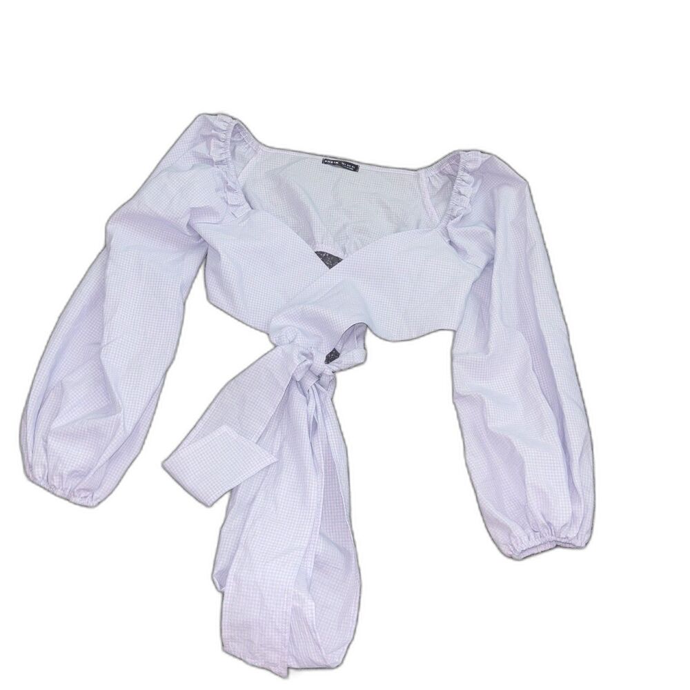 Shein Purple White Ruffle Long Sleeve Tie Front Crop Top Size Small